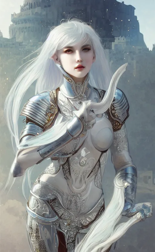 Image similar to portrait white hair knights of zodiac girl, sliver ice color reflected armor, in ruined agora of athens sunrise, ssci - fi and fantasy, intricate and very very beautiful and elegant, highly detailed, digital painting, artstation, concept art, smooth and sharp focus, illustration, art by tian zi and wlop and alphonse mucha