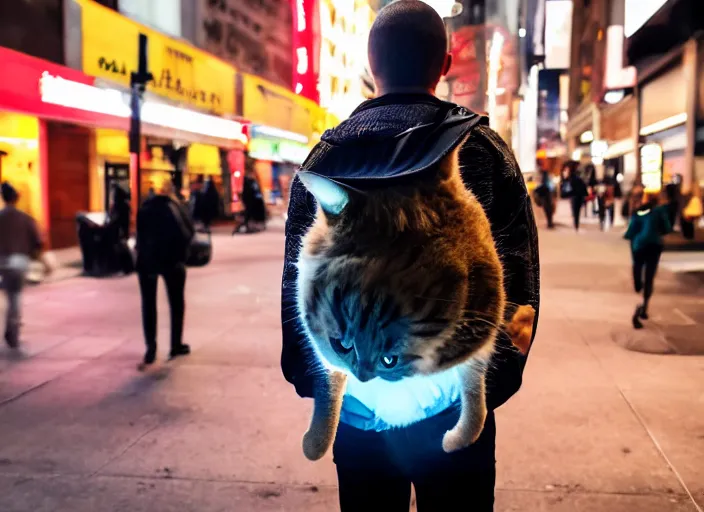 Image similar to photography of a Cat being carried in an half open backpack . in a new york street. award winning photo, led lighting, night, 130mm, sharp, high res