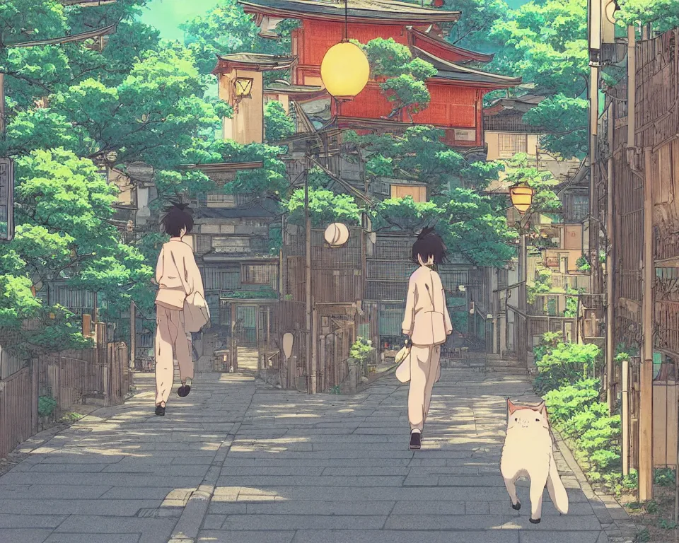 Image similar to beautiful illustration, view from behind a cat walking down the footpath in kyoto on a fine summers day, anime manga style, aesthetic, scene from the movie'your name ', makoto shinkai