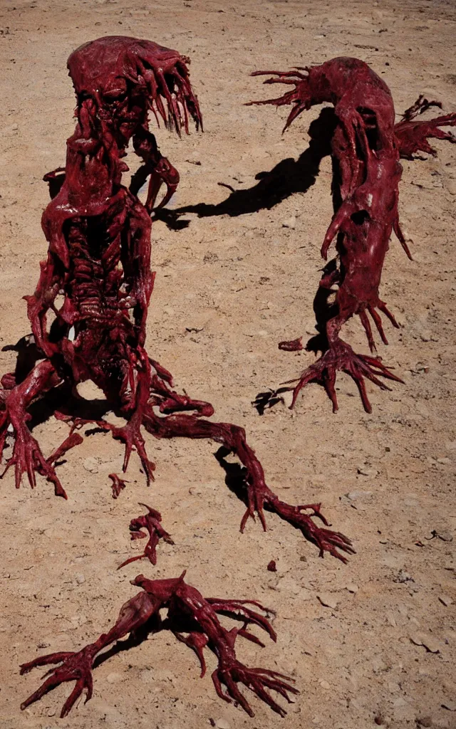 Image similar to in the desert a bloody gross horrifying The Thing creature made of muscle and bone and blood stares at the camera, eating, mid day, 35mm photography, realistic,