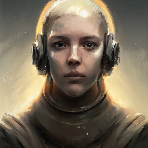 Image similar to portrait of a woman by greg rutkowski, she is about 3 0 years old, slavic, pretty, blond hair with two strans around her face, devastated expression, helplessness and denial, she is wearing a futuristic space gear, highly detailed portrait, digital painting, artstation, concept art, smooth, sharp foccus ilustration, artstation hq.