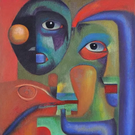 Image similar to Oil painting by Rufino Tamayo. Mechanical gods with animal faces kissing. Oil painting by Lisa Yuskavage.