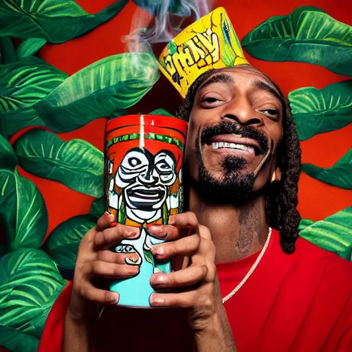 Image similar to a closeup photorealistic photograph of happy blunt smoking snoop dogg at trader vic's bar holding up a trader vic's style tiki mug featuring snoop dogg's face. tiki culture. bright scene. 4 k hd image that's trending on artstation, featured on behance, well rendered, extra crisp, features epic composition and the style of unreal engine.