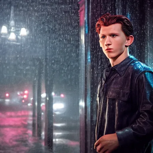 Image similar to tom holland at a 1 9 5 0's bar during a rainy night, cinematic lighting, photorealistic