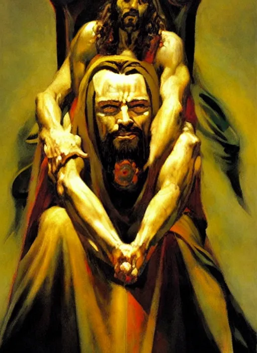 Prompt: mammon, blinfolded jesus sitting on throne of entwined bodies, holding cornucopia, painting by phil hale, 'action lines'!!!, graphic style, visible brushstrokes, motion blur, blurry