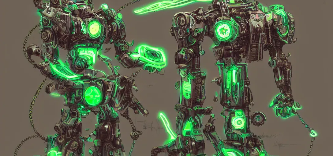 Prompt: mecha steampunk green neon concept art of Hicham Habchi, trending on ArtStationH, very detailed, high quality