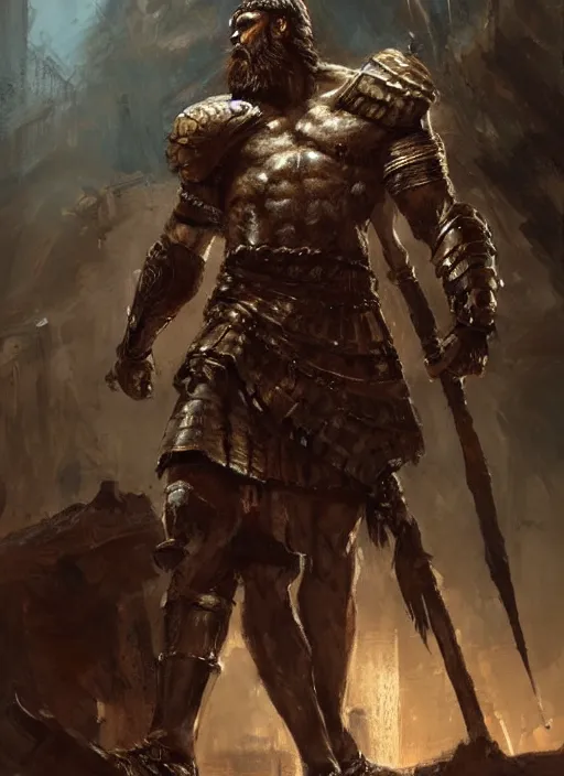 Image similar to ancient historically accurate depiction of the Bible Character Goliath of Gath, the Philistine warrior giant in ancient persian chainmail armor, dramatic lighting art by Yoji Shinkawa by Richard Schmid by greg rutkowski by Sandra Chevrier by Jeremy Lipking cinematic dramatic