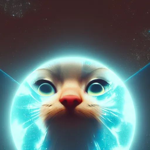 Image similar to reflection of planets and stars in the eye of a cute cat, volumetric lighting, glowing lights, 4k, octane, digital painting, artstation