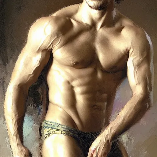 Prompt: Jakee Gyllenhaal with a shredded body type, painting by Gaston Bussiere, Craig Mullins