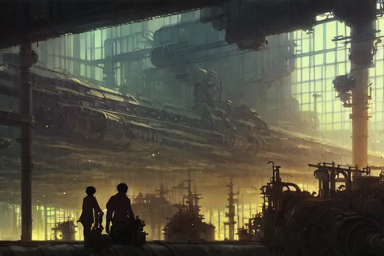 Image similar to dieselpunk, lots of pipes, monitors, machines, painted by greg rutkowski makoto shinkai takashi takeuchi studio ghibli, akihiko yoshida