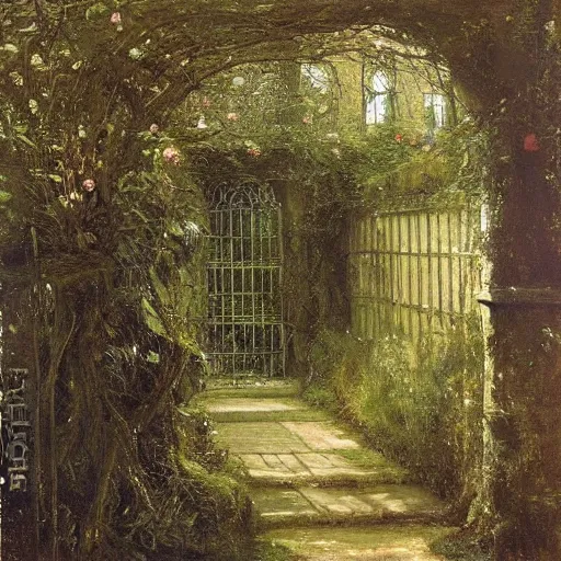 Prompt: secret garden, realistic, ornamental, John Everett Millais