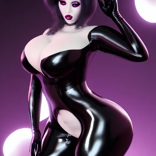 Prompt: curvy feminine goth bombshell in a sublime elegant polished black-silver latex outfit, thin waist, cgsociety, photorealistic, enticing ambience, idealistic, 16k, smooth, sharp focus, trending on ArtStation, volumetric lighting