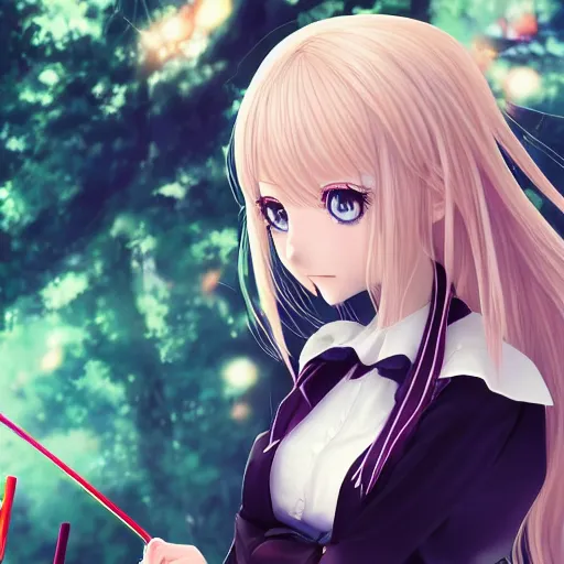 Image similar to blonde anime girl with long hair, wearing headmistress uniform, talking with aloof anime man with emo hair, sharp details, subsurface scattering, intricate details, art by artgerm, anime, anime hd wallpaper, 2 0 1 9 anime screenshot