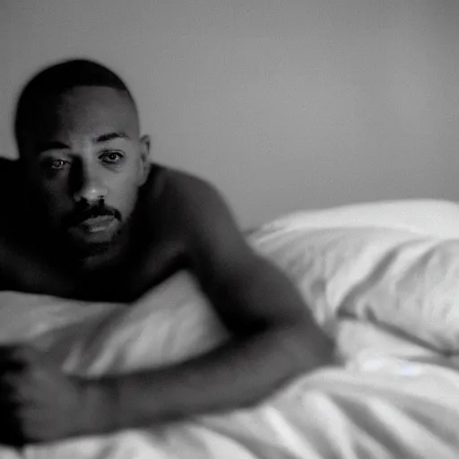 Image similar to black and white press photograph, highly detailed portrait of a depressed drug dealer lying in bed, detailed face looking into camera, eye contact, natural light, mist, fashion photography, film grain, soft vignette, sigma 85mm f/1.4 1/10 sec shutter, Darren Aronofsky film still promotional image, IMAX 70mm footage