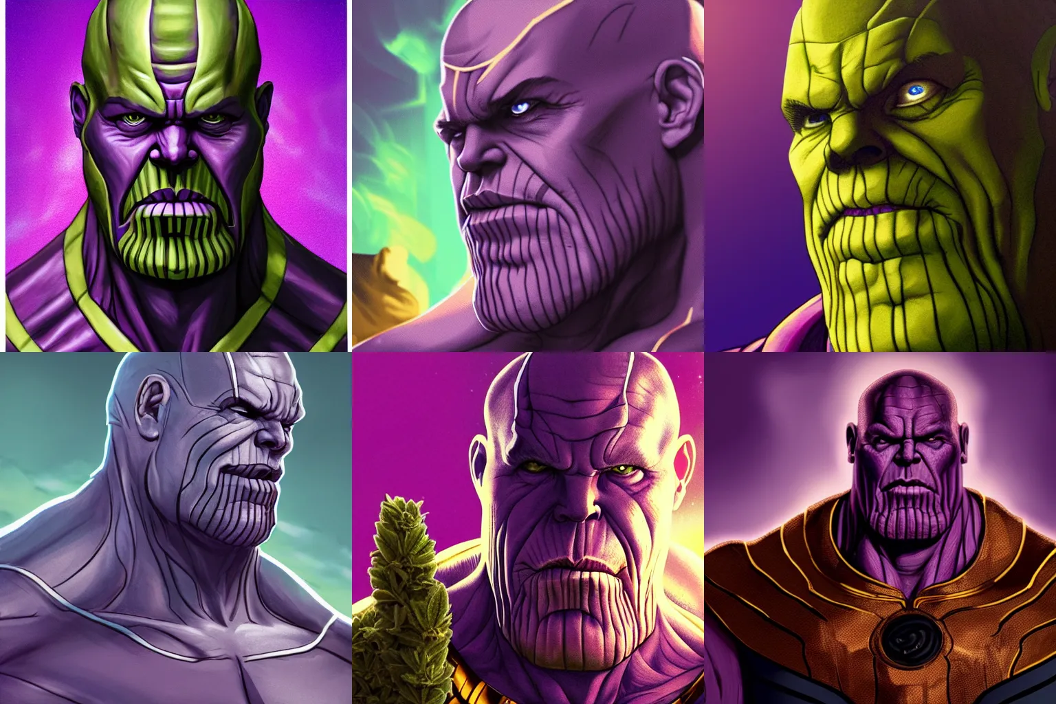 Prompt: a portrait of thanos, marijuana themed, dramatic lighting and composition, trending on artstation, concept art, comic book