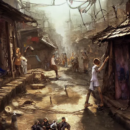 Image similar to slum neighborhood in lord of the ring world, fantasy, on artgerm, ilya yefimovich repin style, hyperrealistic content, high definition content, intricate, delete duplicate content, justify content center, ultra detailed content, realistic human content, 5 dark tone colors