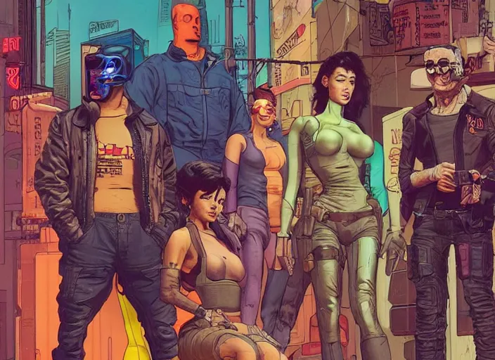 Prompt: cyberpunk heist crew. portrait by stonehouse and mœbius and will eisner and gil elvgren and pixar. character design. realistic proportions. dystopian. cyberpunk 2 0 7 7, apex, blade runner 2 0 4 9 concept art. cel shading. attractive face. thick lines.