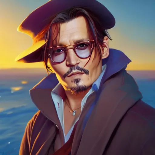 Prompt: johnny depp, sunset, behance hd by jesper ejsing, by rhads, makoto shinkai and lois van baarle, ilya kuvshinov, rossdraws radiating a glowing aura global illumination ray tracing hdr