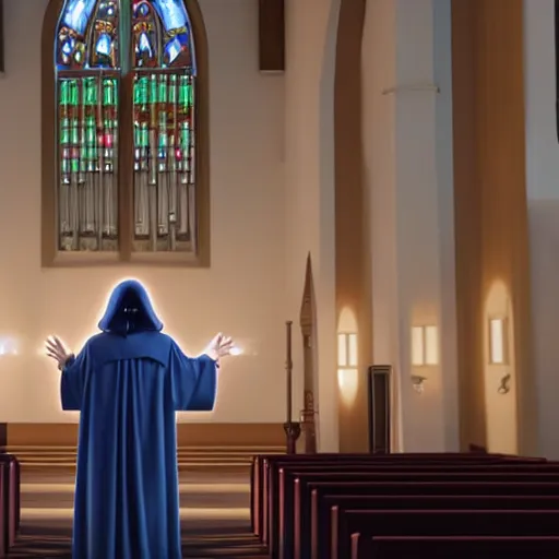 Image similar to emperor palpatine preaching to people at church, 8k cinematic lighting, very sharp detail, anatomically correct