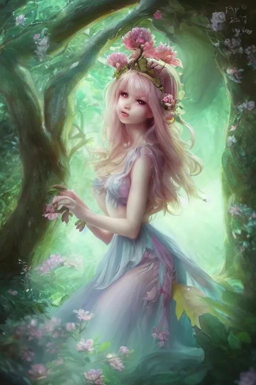 Image similar to a cute fairy in the dreamy forest, fantasy, 8 k resolution, hyper detailed, d & d, character design, digital painting, trending on artstation, sharp focus, illustration, art by artgerm, steve zheng, fuji choko, viktoria gavrilenko, hoang lap