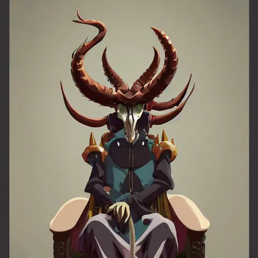 Image similar to concept art painting of a dragonlike anthropomorphic humanoid creature with a long dragon neck and horned skull mask, sitting on a throne, anime style, cel shaded, in the style of makoto shinkai and james gurney and studio ghibli and moebius