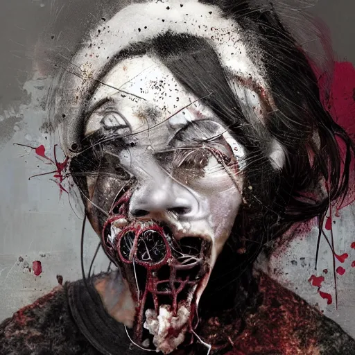 Prompt: kuchisake onna in a dark abandoned alleyway, exploding razors and wire, filth and rot, intense paranoid digital oil painting by alberto seveso and stephen gammell, inspired by giger - n 9