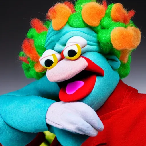 Image similar to krusty the clown as a muppet. highly detailed felt. hyper real photo. 4 k.