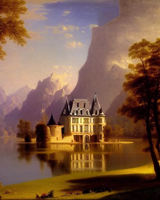 Prompt: beautiful illustration of chateau in a serene landscape, by albert bierstadt, magic realism, narrative realism, beautiful matte painting, 4 k hd wallpaper