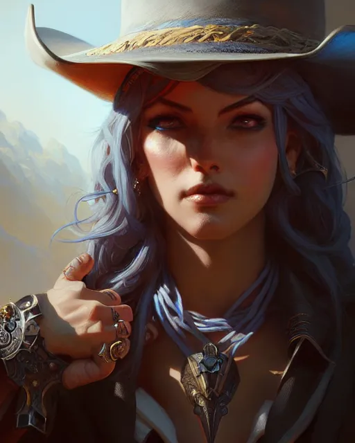 Image similar to ashe from overwatch, cowgirl, character portrait, portrait, close up, concept art, intricate details, highly detailed by greg rutkowski, michael whelan and gustave dore