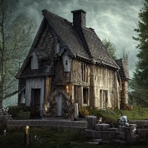 Image similar to a witches house, epic scene, redshift render, cgi, hyper - detailed, photo - bash, 8 k post - production, masterpiece