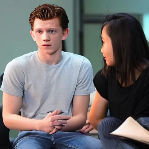 Prompt: Tom Holland talking with a Filipina college girl