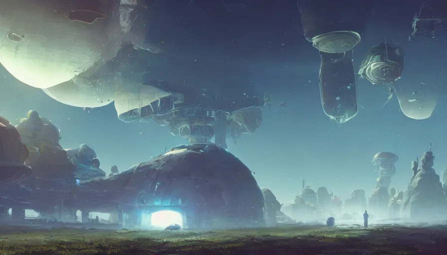 Prompt: A medieval fantasy landscape with a enormous futuristic space station orbiting in the sky, shot from the ground by simon stålenhag, rendered by Beeple, by Makoto Shinkai, syd meade, concept, digital art, unreal engine, WLOP, trending on artstation, 4K UHD image, octane render,