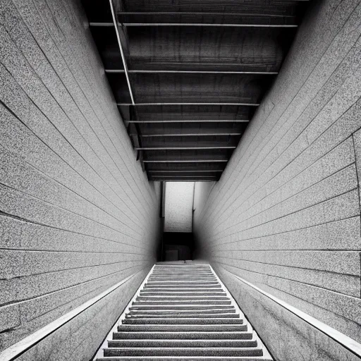 Image similar to black and white surreal photograph, highly detailed vast space made of stairsteps, sideview, detailed textures, natural light, mist, architecture photography, film grain, soft vignette, sigma 1 4 mm f / 1. 4 1 / 1 0 sec shutter, imax 7 0 mm footage