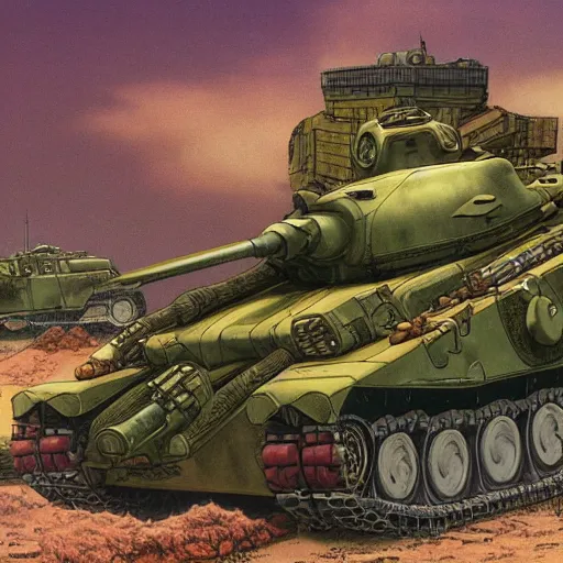 Prompt: detailed photorealistic matte painting of a Metal Slug tank by masamune shirow and geof darrow and jean girard moebius trending on artstation