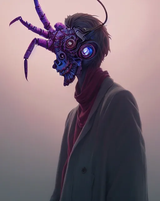 Image similar to highly detailed surreal vfx portrait of a lobsterpunk grim reaper, stephen bliss, unreal engine, greg rutkowski, loish, rhads, beeple, makoto shinkai and lois van baarle, ilya kuvshinov, rossdraws, tom bagshaw, alphonse mucha, global illumination, detailed and intricate environment