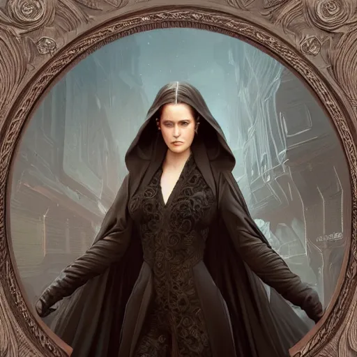 Prompt: full figure ultra realistic illustration, evan rachel wood wearing a futuristic black robe, brown flowy hair, old west, intricate, elegant, highly detailed, digital painting, artstation, concept art, smooth, sharp focus, illustration, art by artgerm and greg rutkowski and alphonse mucha