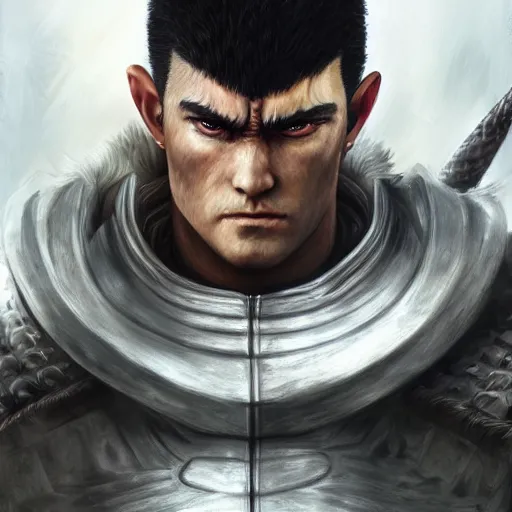 Image similar to semi realistic portrait of guts from berserk extremely detailed, made by wlop and maxwell boas