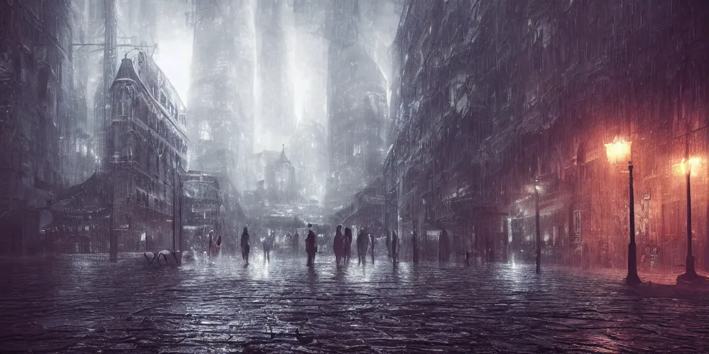 Image similar to a cold and melancholic city in a dark cavern, rainy and gloomy atmosphere, viewed from afar, fantasy digital art, octane render, beautiful composition, trending on artstation, award - winning photograph, masterpiece