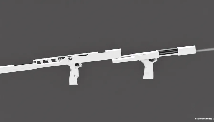 Image similar to extremely detailed ultra realistic photographic side view ultra minimalist coilgun rifle, detailed trigger, chemically propelled, electric, smooth streamline, elegant sleek smooth body, white paint, battery and wires, railgun, chemrail, gauss, smooth utopian design, ultra high quality, octane, cod, destiny, warframe, terminator