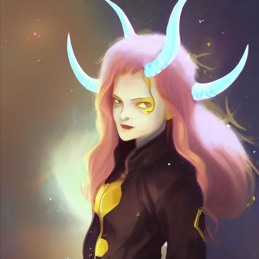 Image similar to a pale redheaded demoness with yellow eyes and horns wearing a jacket, dark spot around eye, highly detailed, galaxy background, digital painting, artstation, matte, by makoto shinkai, animation style