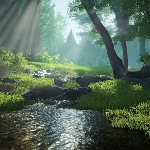 Image similar to a forest made in unreal engine 5 with sun rays and a river, 4k, high detail, high-resolution photograph, professional photography, ultra-detail