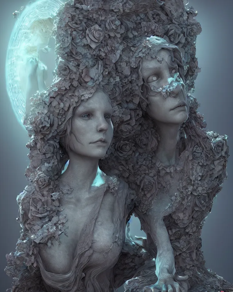 Image similar to a holographic portrait of a gorgeous etherial female gothic cemetery statue breaking apart by Andrew Ferez, metaphysical painting, cosmic horror, octane render, trending on cgsociety, featured on zbrush central, grotesque, digital painting, vanitas, new sculpture, mystical