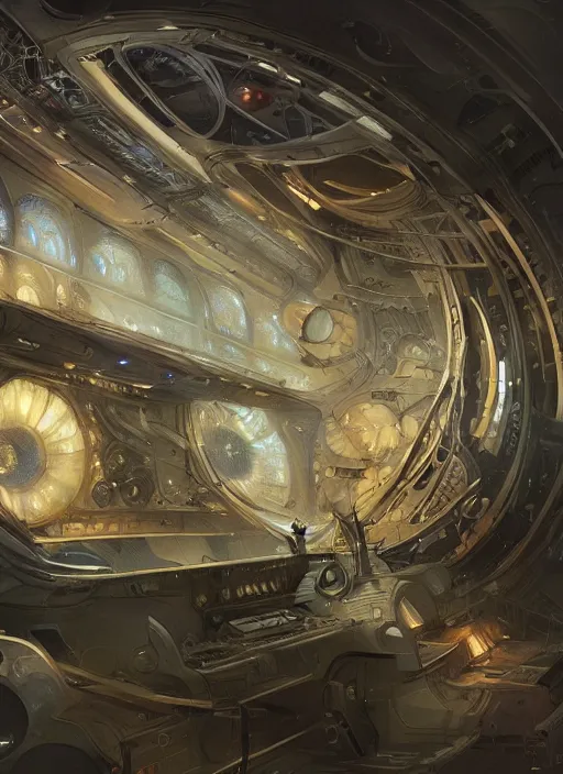 Prompt: epic concept illustration | highly detailed | intricate mechanical design | star fleet nautilus ship being prepared for launch | by greg rutkowski and alphonse mucha. uhd | amazing depth | cinematic lighting