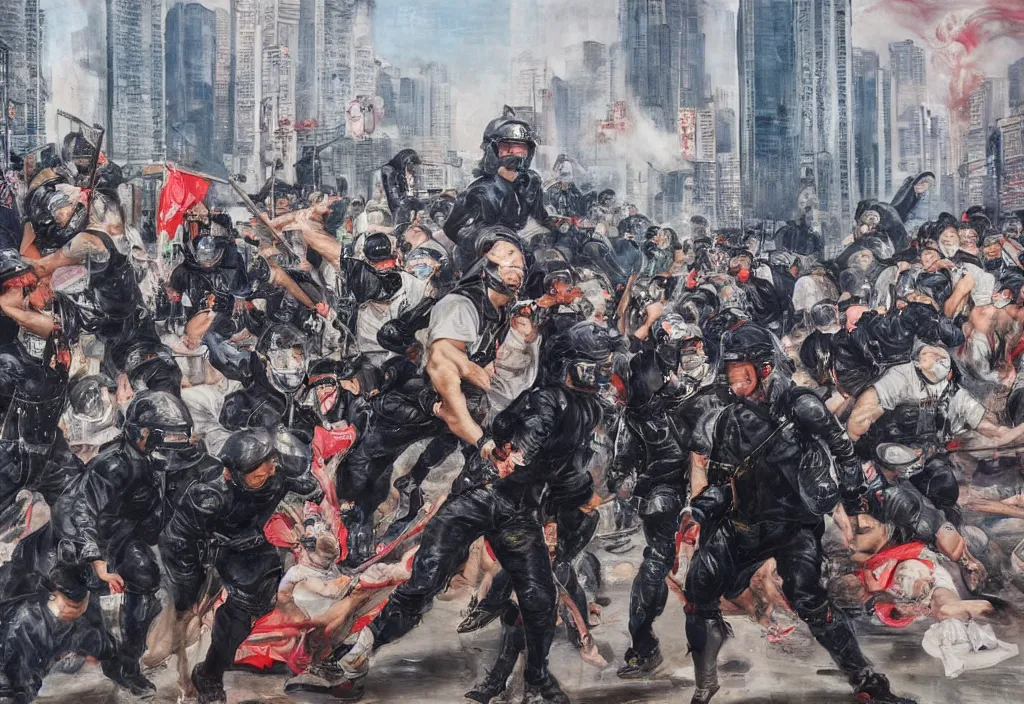 Prompt: 2 0 2 1 hong kong riot portrait by peter paul rubens. city buildings in the background.