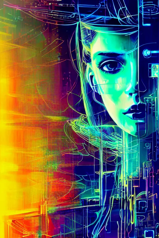 Prompt: dreamy cyberpunk girl, abstract smoke neon, digital nodes, computer network, beautiful woman, detailed acrylic, grunge, intricate complexity, by dan mumford and by alberto giacometti, robert rauschenberg