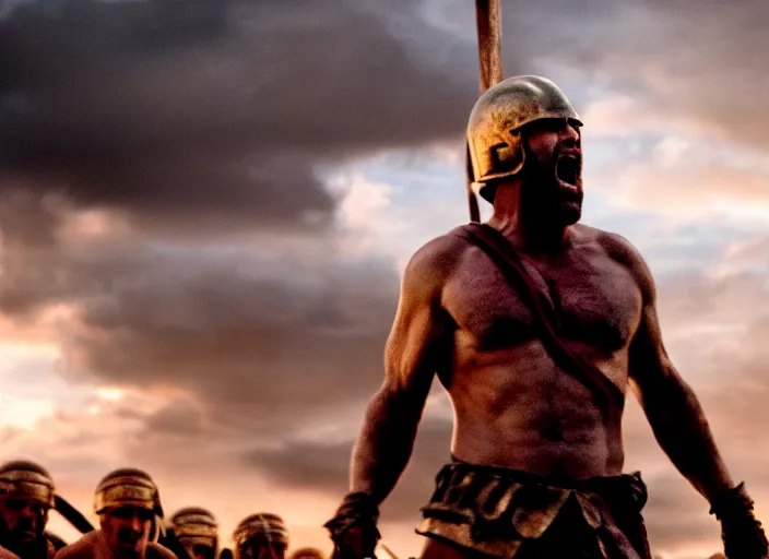 Image similar to cinematic film still of joe biden as leonidas shouting in 3 0 0 movie, 8 k, epic moody sky, dramatic lighting