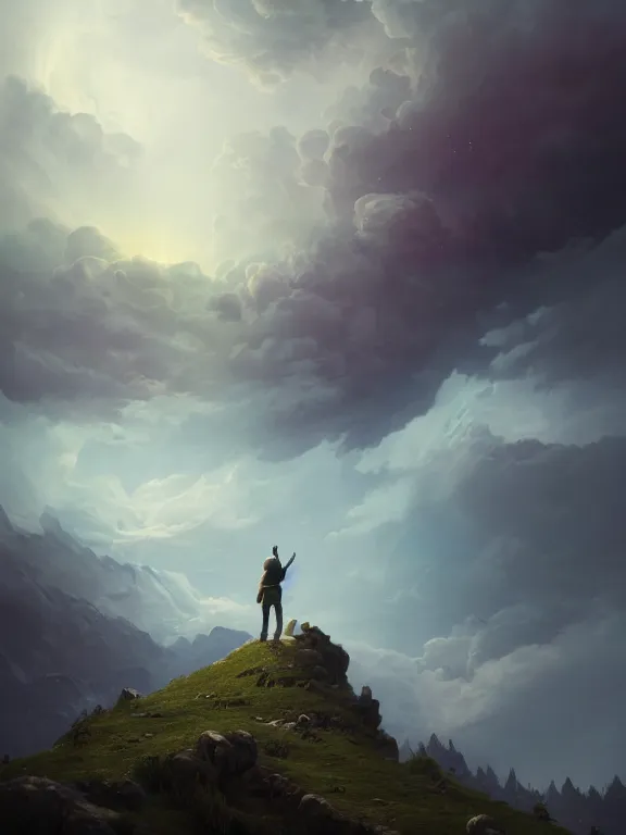 Image similar to photo of 8k ultra realistic lone man on hill surrounded by swirling clouds and lighting, dark, menacing, full of colour, cinematic lighting, battered, trending on artstation, 4k, hyperrealistic, focused, extreme details,unreal engine 5, cinematic, masterpiece, art by Peter Mohrbacher