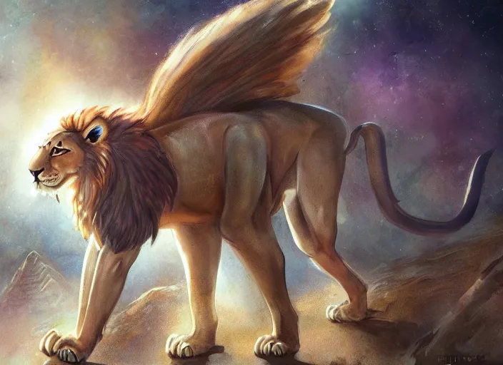 Prompt: fullbody feral egyptian lion character design of an egyptian lion. egyptian lion deviantart adoptable, style of maple story and zootopia, disney portrait studio lighting by jessica rossier and brian froud in the style of disney, traditional