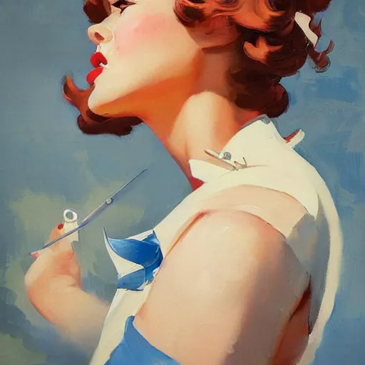 Image similar to greg manchess portrait painting of beauty 1 9 4 0's pinup as overwatch's characters, medium shot, asymmetrical, profile picture, organic painting, sunny day, matte painting, bold shapes, hard edges, street art, trending on artstation, by huang guangjian and gil elvgren and sachin teng