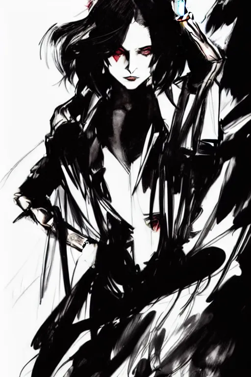 Image similar to style of yoji shinkawa, rafael albuquerque, loish : : gorgeous willa holland : : evil witch, swirling black magic : : symmetrical face, symmetrical eyes : : full body pose : : gorgeous black hair : : magic lighting, low spacial lighting : :